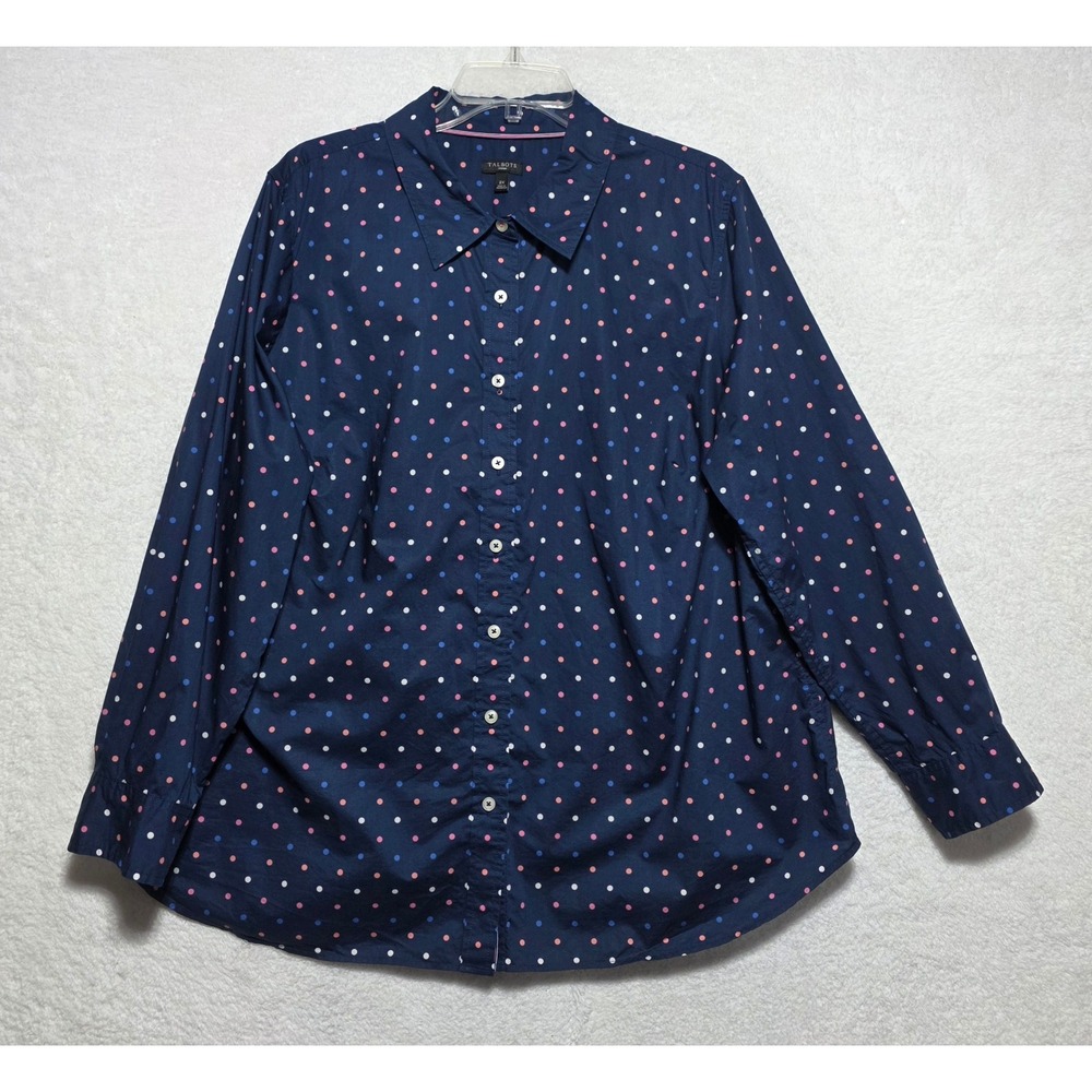 Talbots Woman's Navy Blue Polka Dot 100% Cotton Button Down Shirt Plus Size 2X